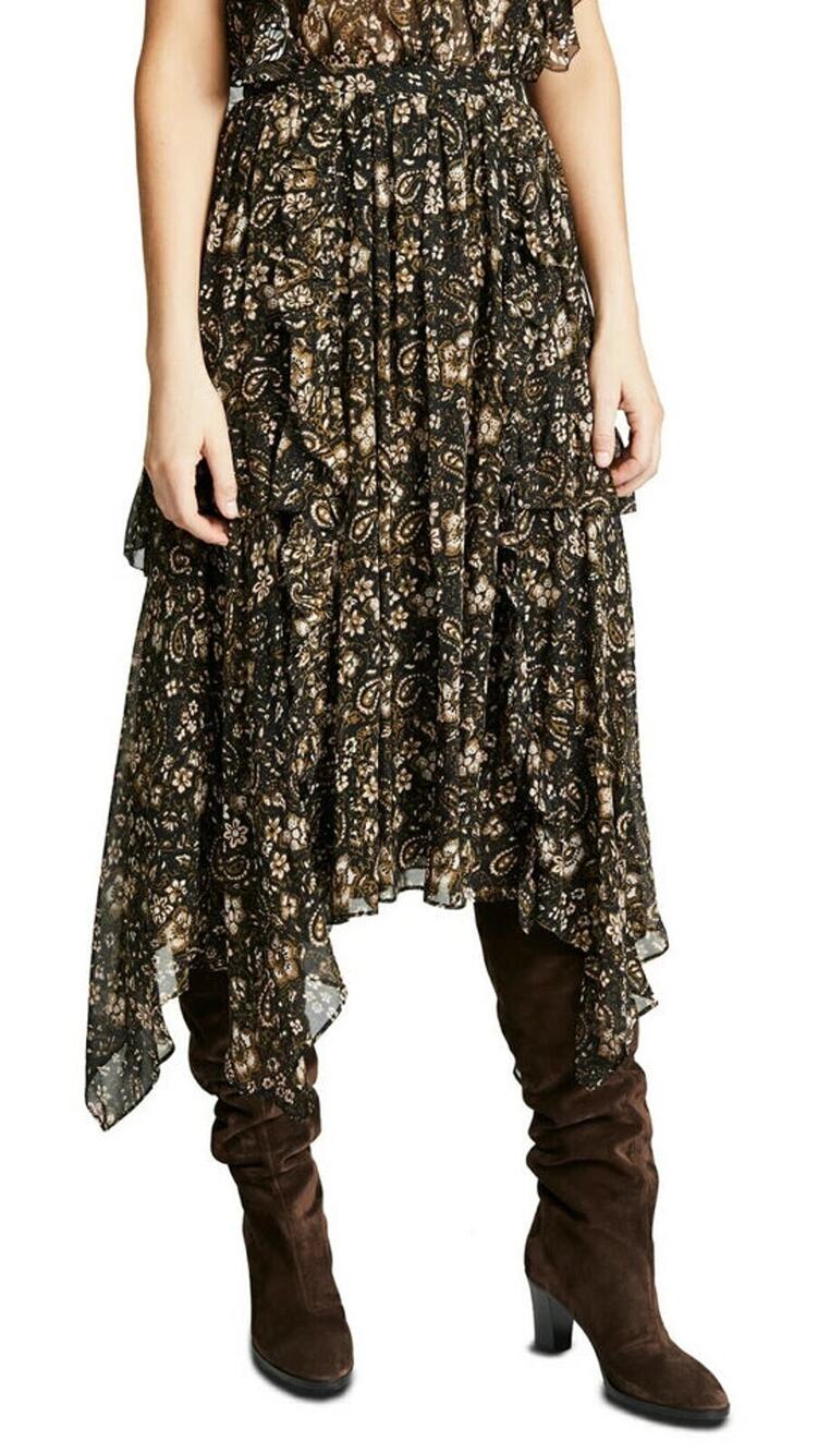 Ulla Johnson Torri Paisley Floral Asymmetric Swing Midi Skirt Forest Womens S